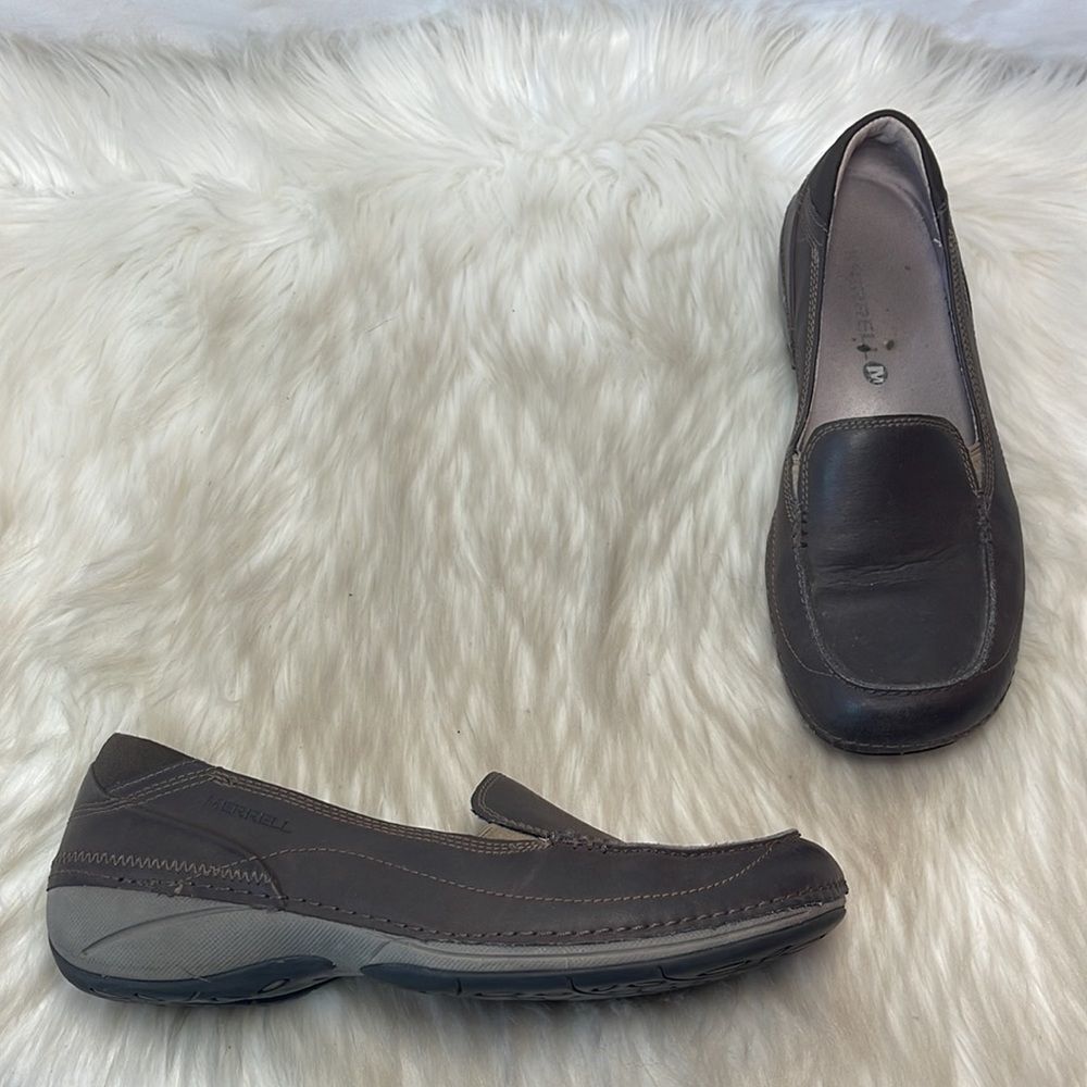 Merrell Espresso Brown Leather Square Toe Slip On Loafers Sz 8